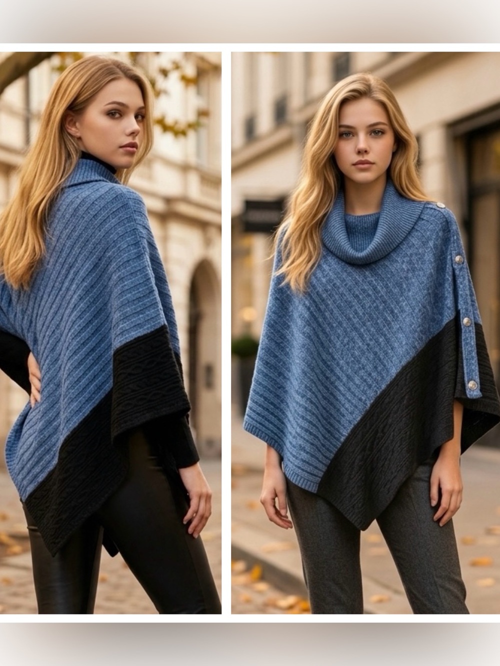 Tint & Shadow Women Sz L/XL Cowl Neck Two-Tone Knit Poncho Sweater - Blue/BlacK